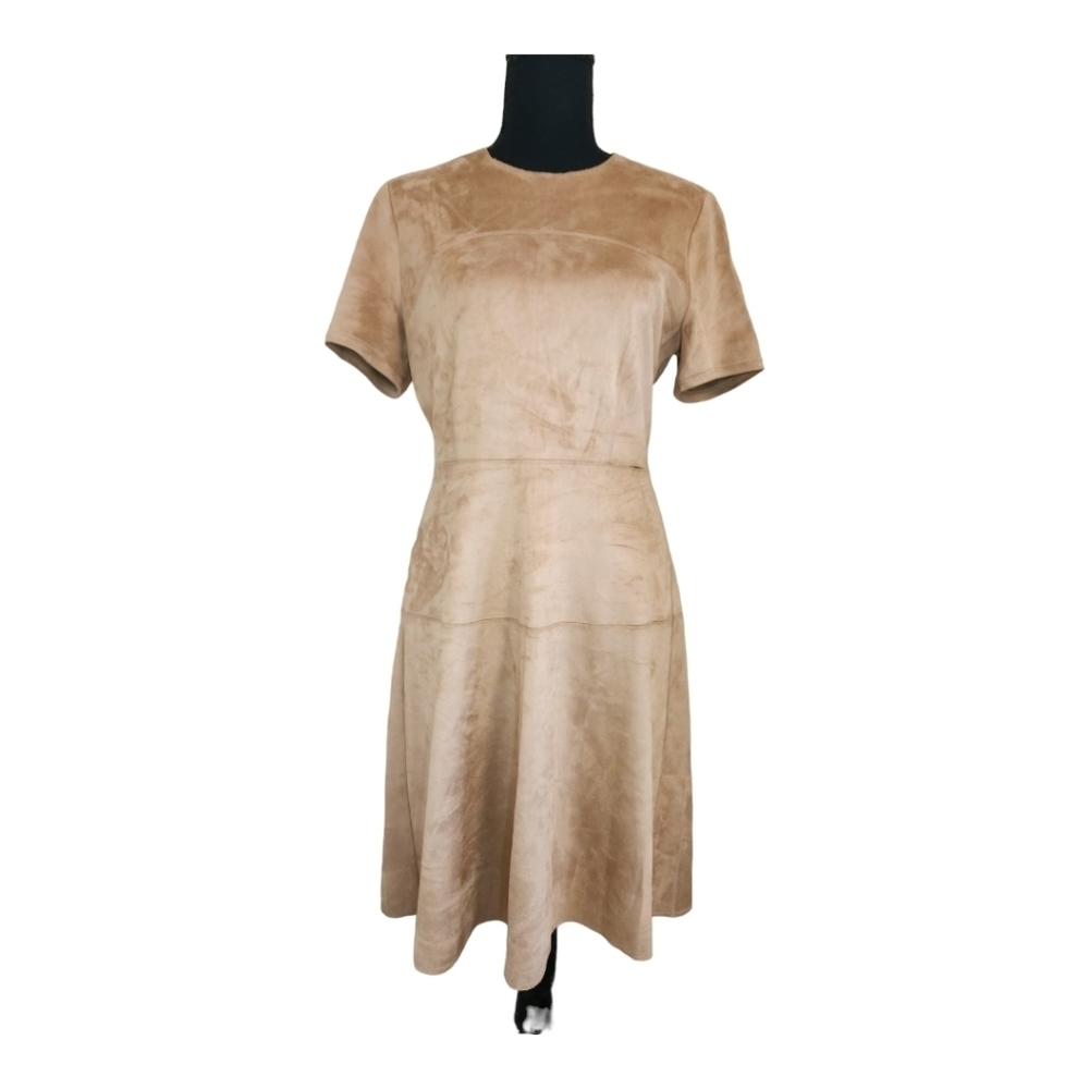 CATHERINE MALANDRINO fit & flare short sleeve faux suede midi dress tan sz 8P
